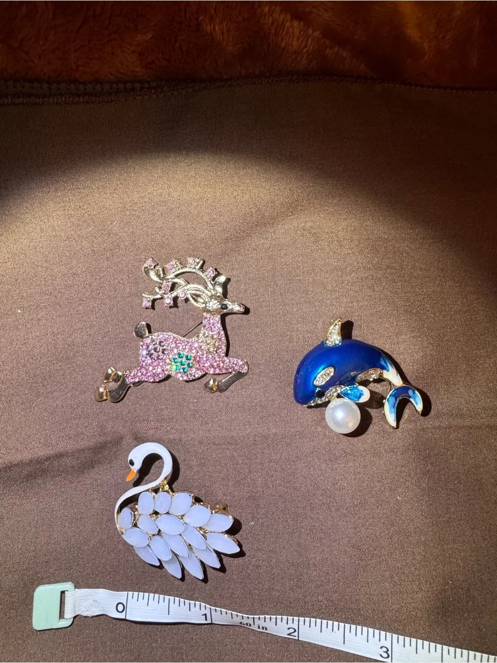Set of Animal Brooches - Pink Reindeer, Blue Dolphin, White Swan